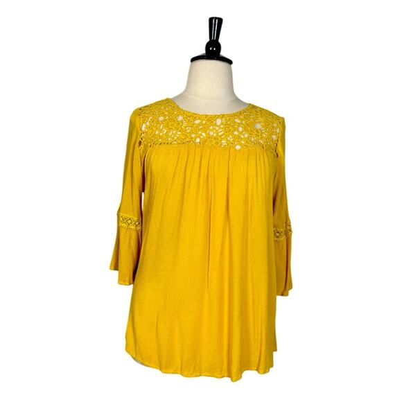 Torrid Top Crochet Lace Gauze Swing Bell Sleeve Mustard Yellow Women’s Size 3X - Picture 1 of 12